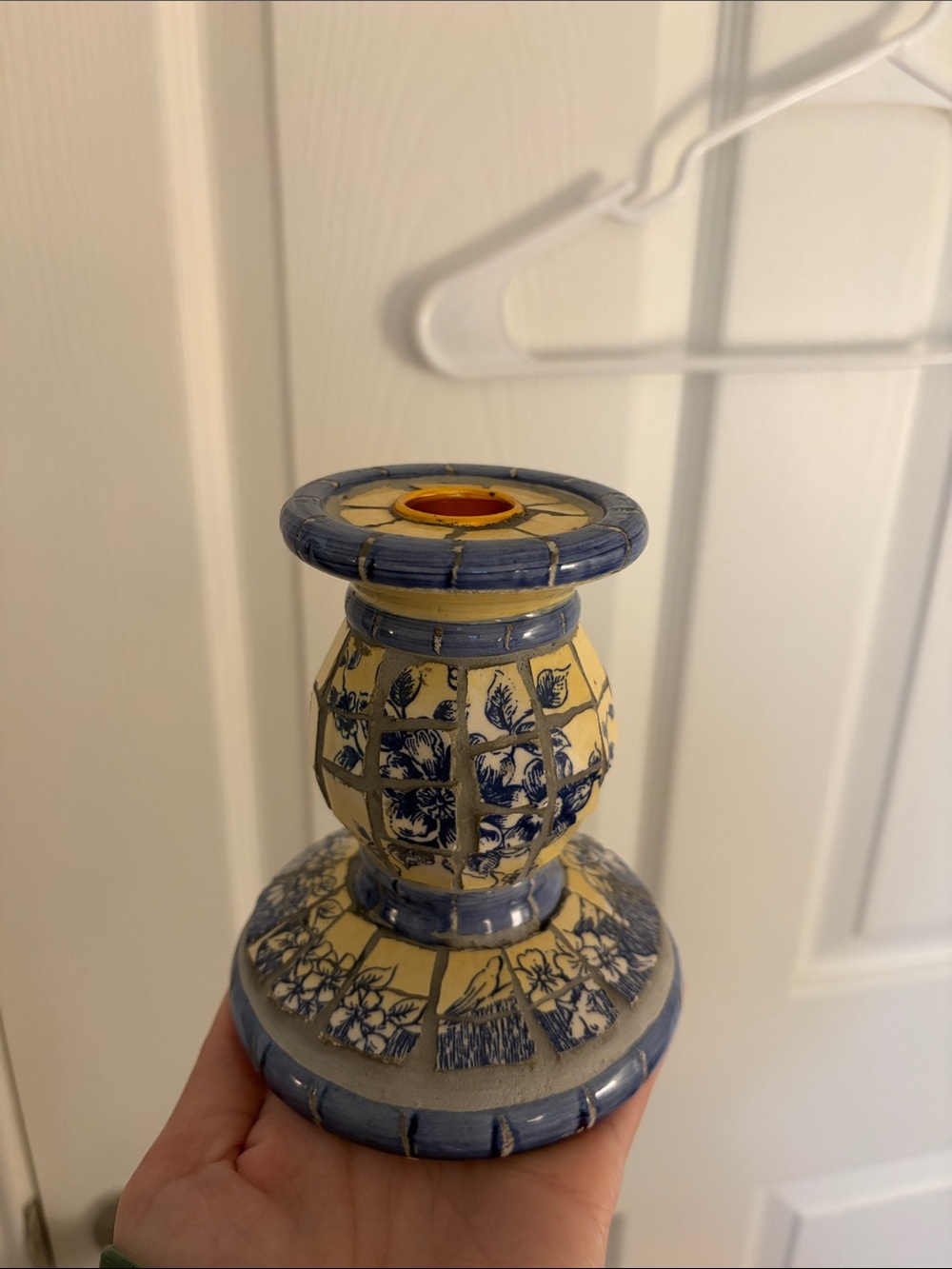 Hand-Painted Ceramic Candlestick Holder in Yellow and Blue